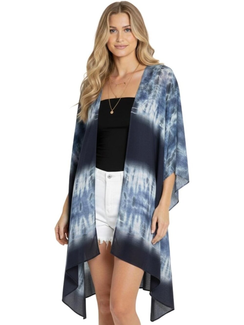 Women Rz Navy Tie Die Viscose Summer Lightweight Boho Kimono Cardigan Cover up